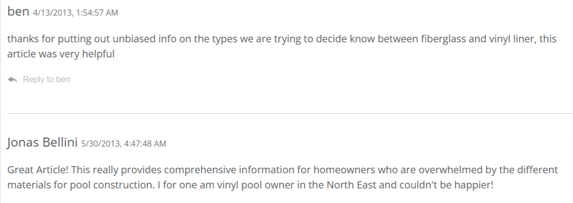 comments on fiberglass pool article